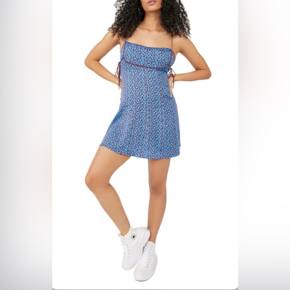 Free People Kai Print Tie Strap Mini Dress NEW $108 Women’s Sz Large Blue Combo